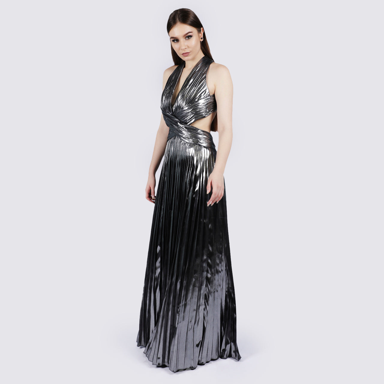 Admire - Drape Metallic Silver Pleated Gown Dress