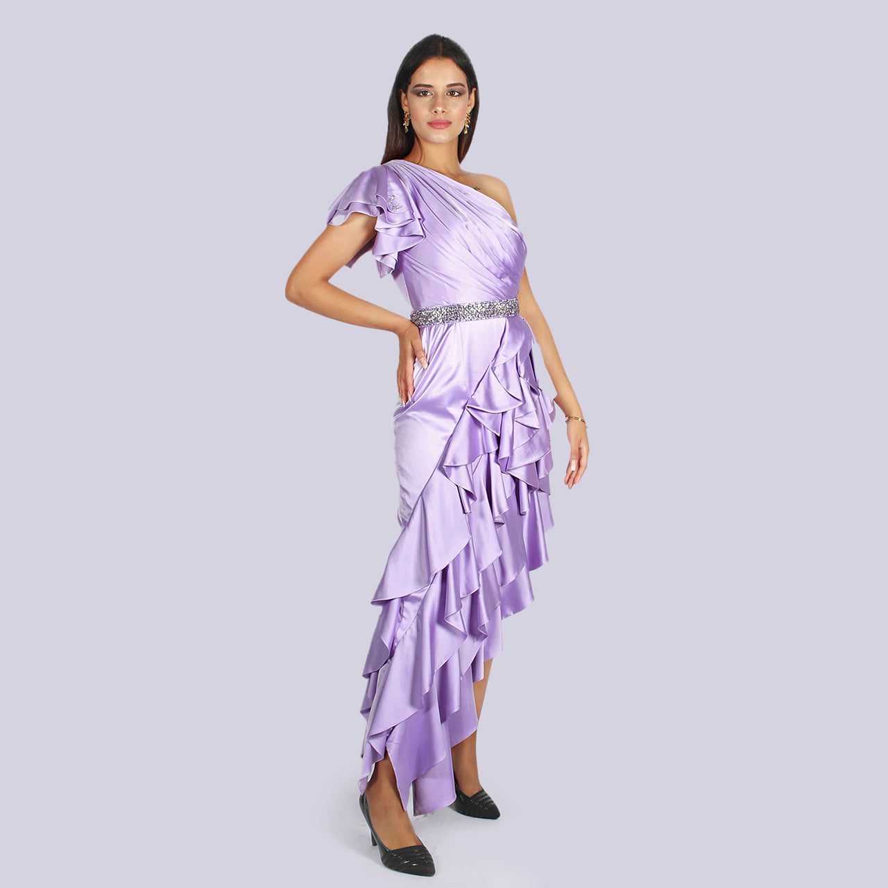 Latino - Asymmetric Ruched Ruffle Dress